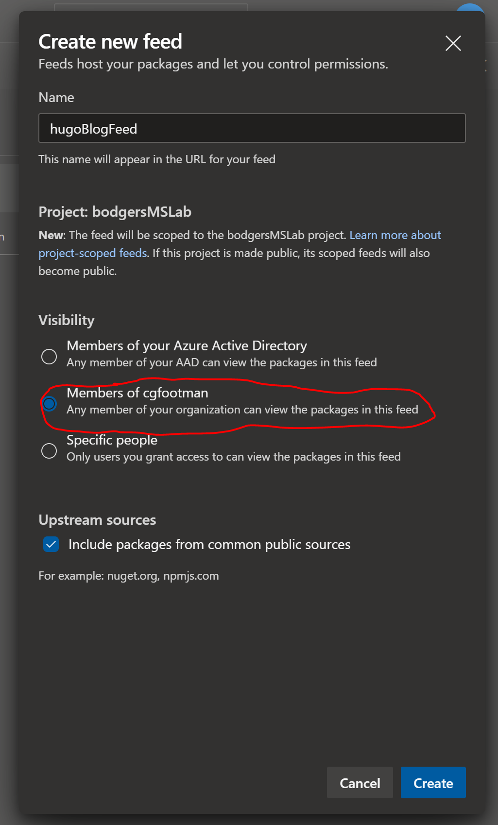 Azure Artifacts Create Feed Dialog